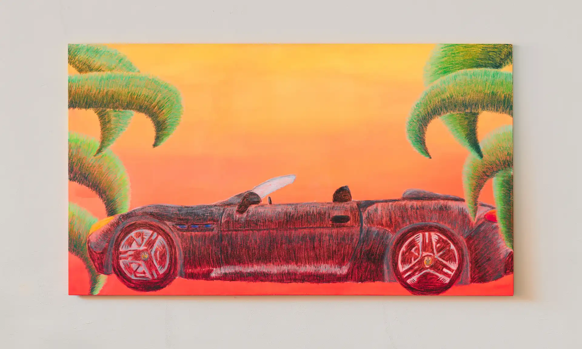 Gemaltes Bild eines Maseratis mit warmen oragen und roten Farben