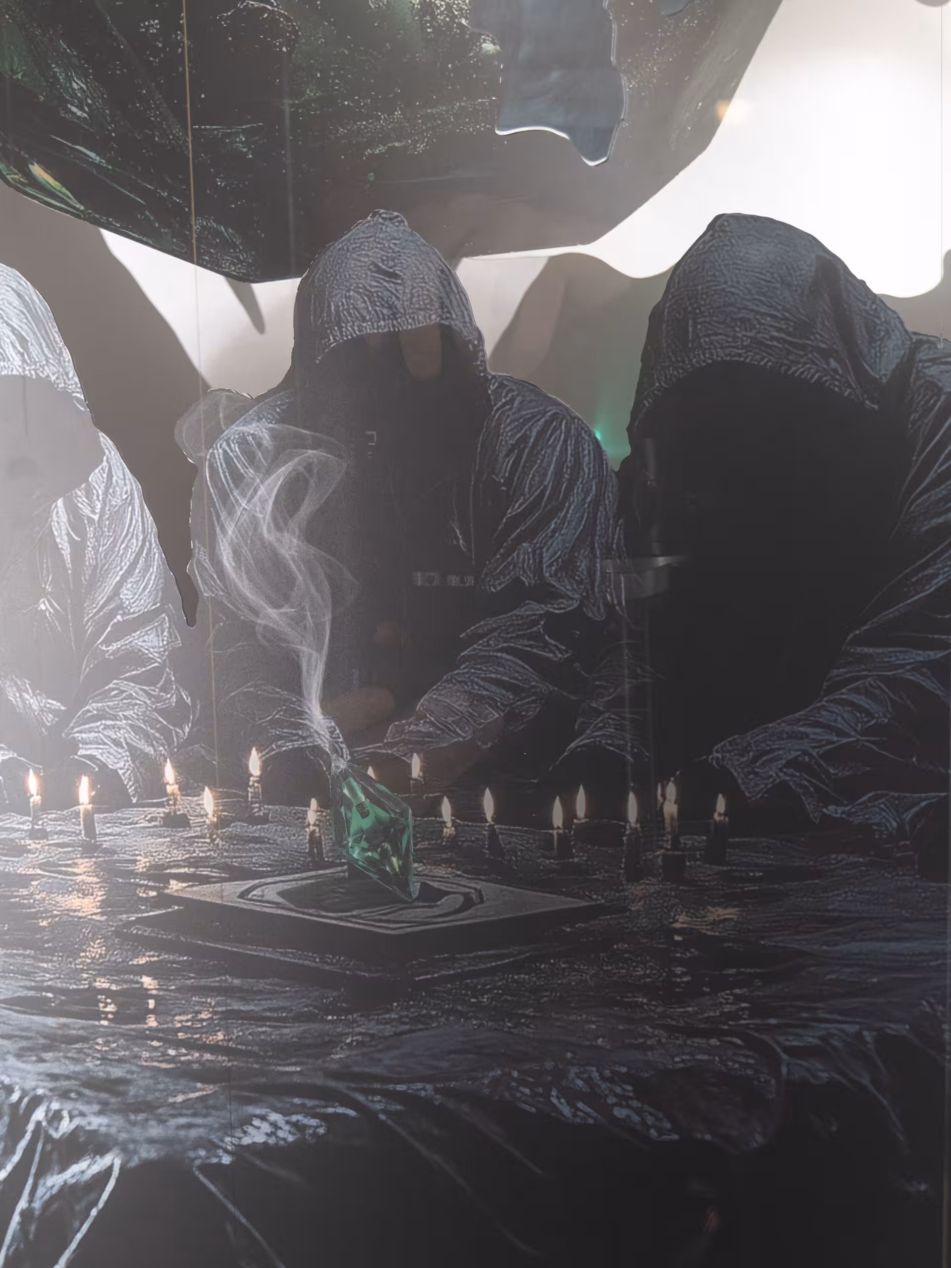 Bild: Vermummte Personen sitzen um einen Tisch mit Kerzen und einem grünen Kristall